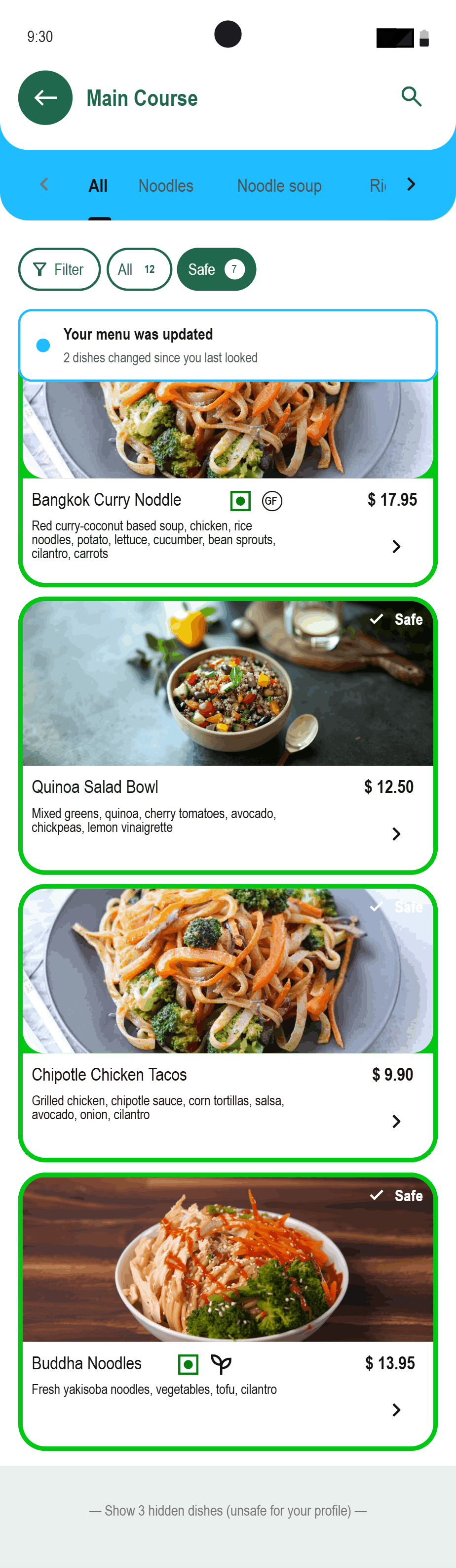 Forkast personalized customer menu