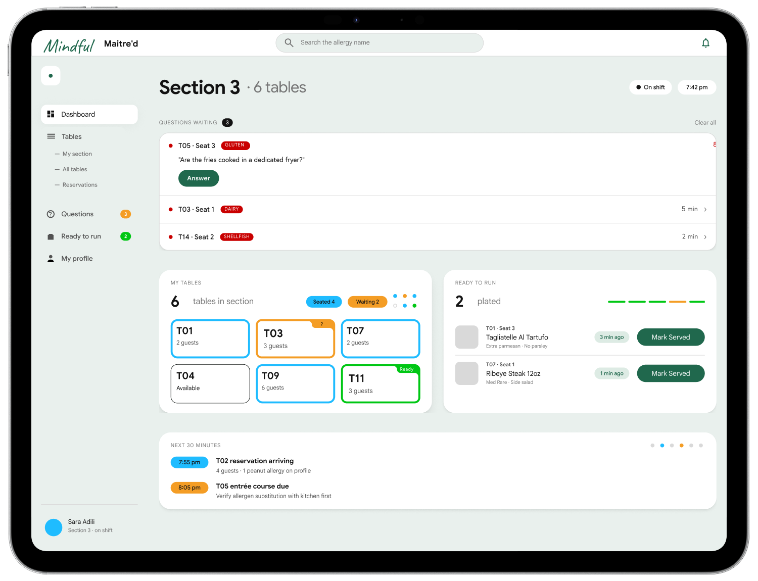 Forkast waiter dashboard interface